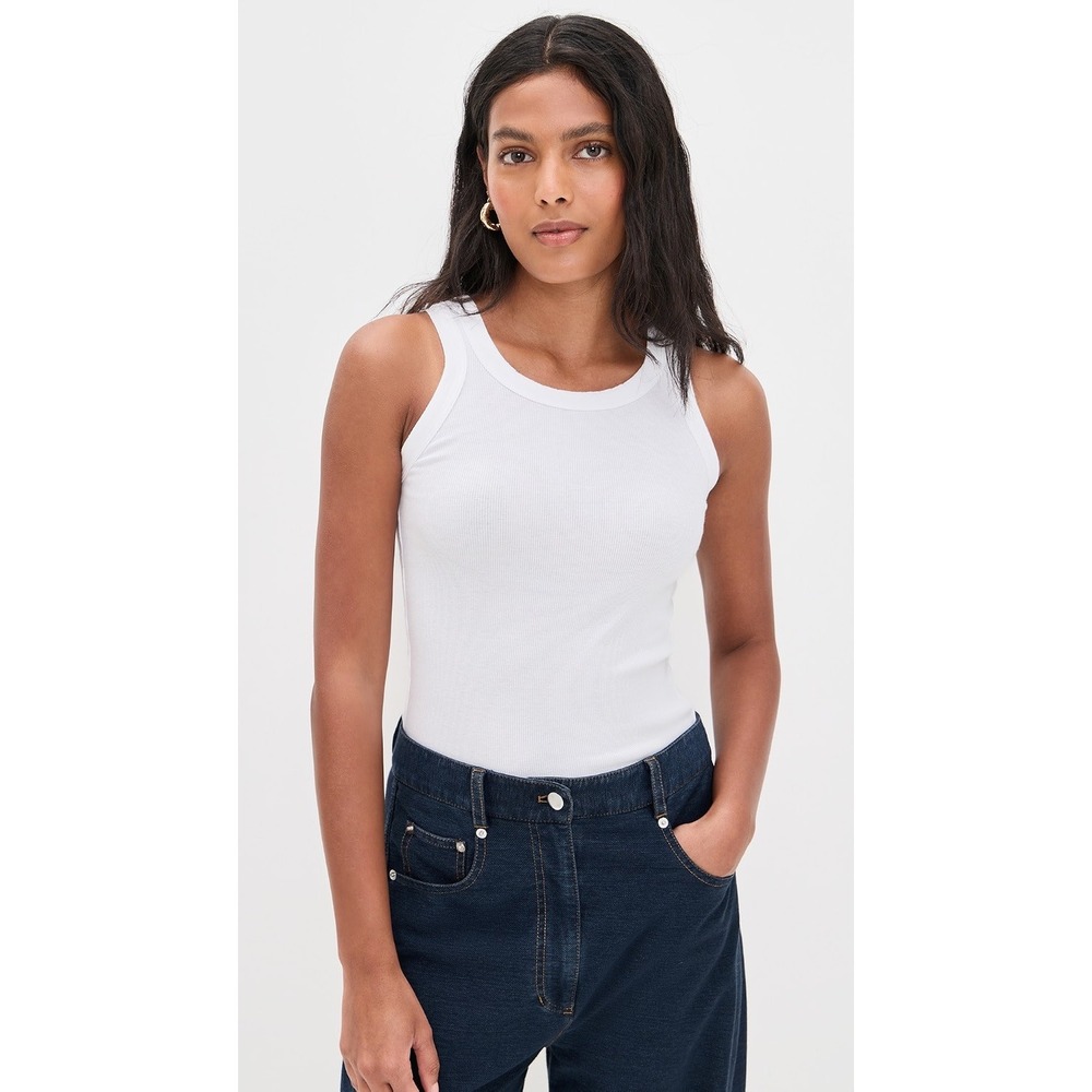 PerfectwhiteTee Daphne Ribbed Tank Top White Crew Neck Sleeveless T369 S
